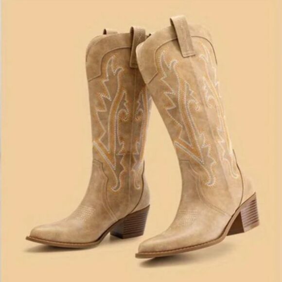 NIB- SZ 9 MidCalf Cowgirl Boots Embroidered Western Pointed Toe Chunky Heel TAN - Picture 2 of 6